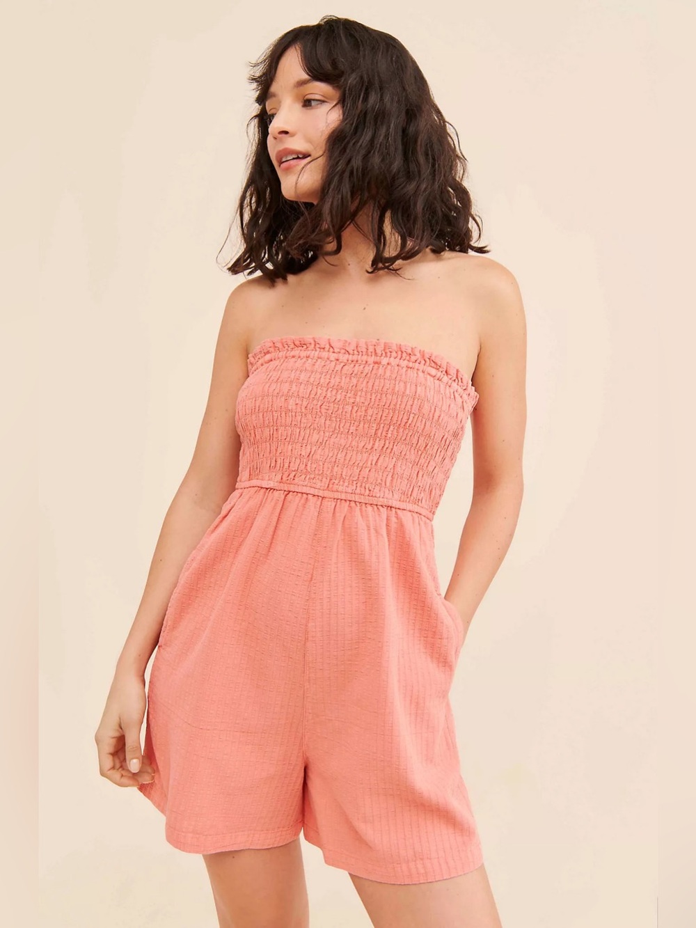 Anthropologie Pilcro Sleeveless Smocked Romper in Coral